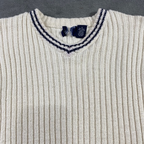Vintage Sweater Ribbed Knit Striped V-Neck Varsity Cream Navy Sz S Tennis Preppy - Picture 7 of 10